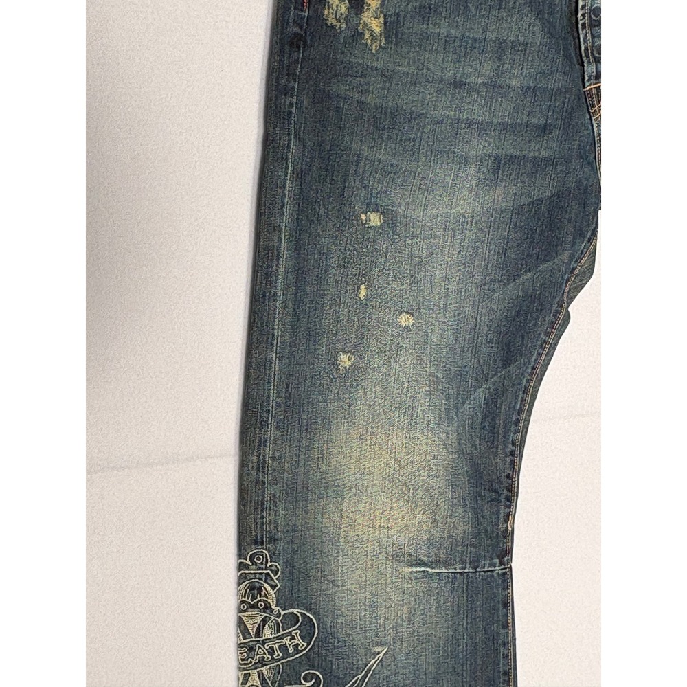 Ed Hardy Mens Distressed Straight Leg Jeans Tattoo Embroidery Dark Wash 36x34 - Picture 3 of 12